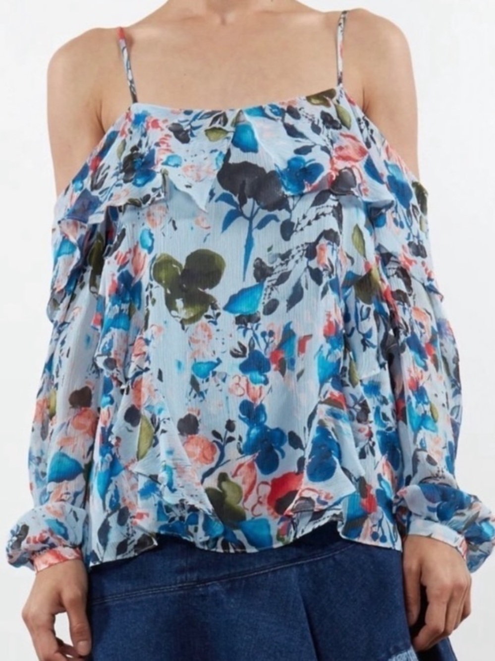 Tanya Taylor watercolor daisy cold shoulder spaghetti strap ruffle floral top